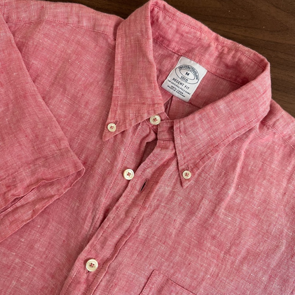 Brooks Brothers Original Polo 100% Linen Shirt Red Regent Fit Button Down Mens M